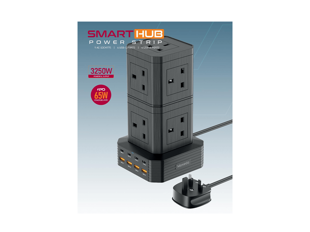 Moxedo Smart Hub Power Strip 17 in 1 9 AC Sockets + 4 USB-C Ports + 4 USB-A Ports 3250W GaN Tower Surge Extension Multi-Socket in Qatar Moxedo Smart Hub Power Strip 17 in 1 9 AC Sockets + 4 USB-C Ports + 4 USB-A Ports 3250W GaN Tower Surge Extension Multi-Socket in Qatar